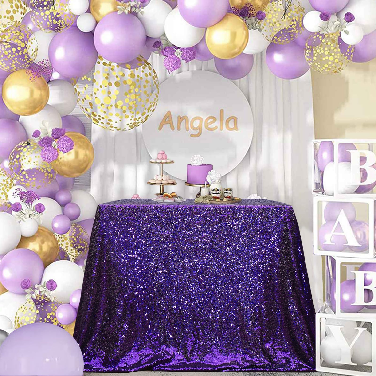 Partydelight Sequin Tablecloth, Wedding, Sweetheart, Christmas Tree, Rectangular, 48''X72'', Purple